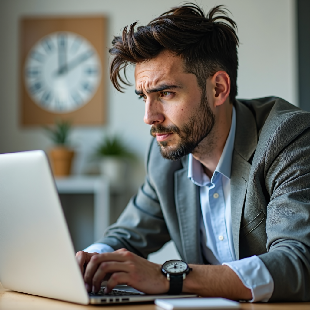 Business owner staring at laptop working on website