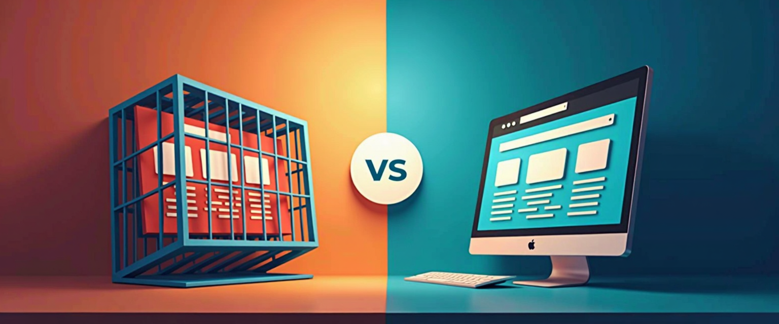 Visual comparison of a boxed-in template website vs. a free-flowing custom-coded design.